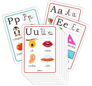 Plansze edukacyjne - Alfabet - literki pisane i drukowane (zestaw 24 kart A4)